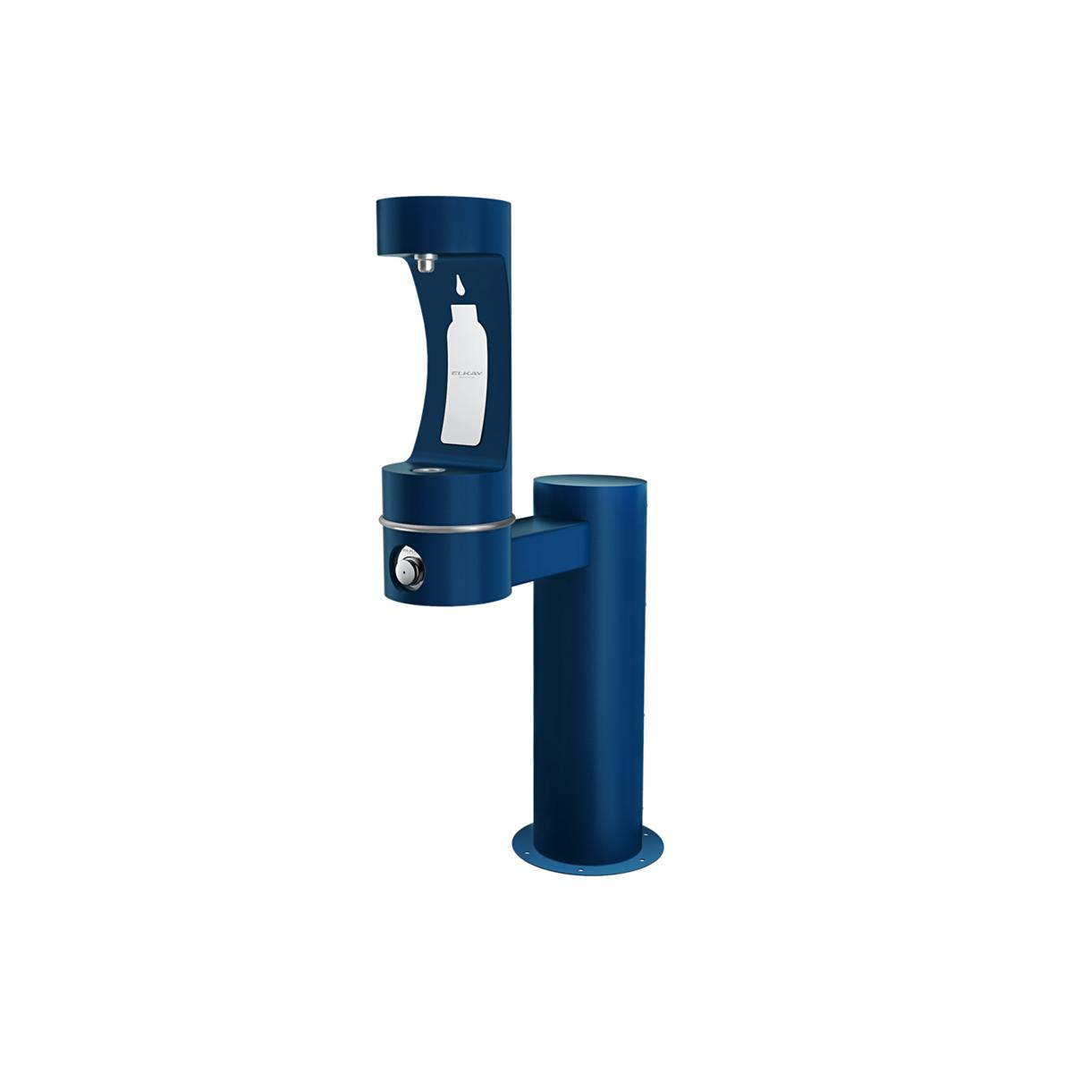 Blue outdoor bottle filling station with single pedestal, spout, and drinking fountain bowl.