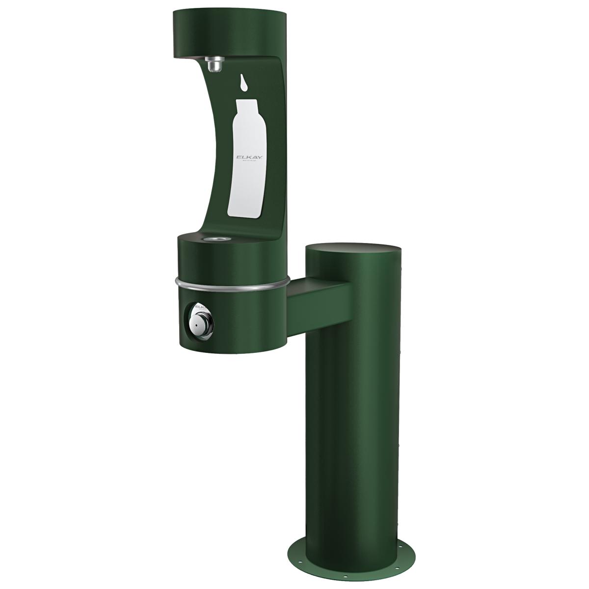Green pedestal water bottle filling station with single spout and foot pedal control.