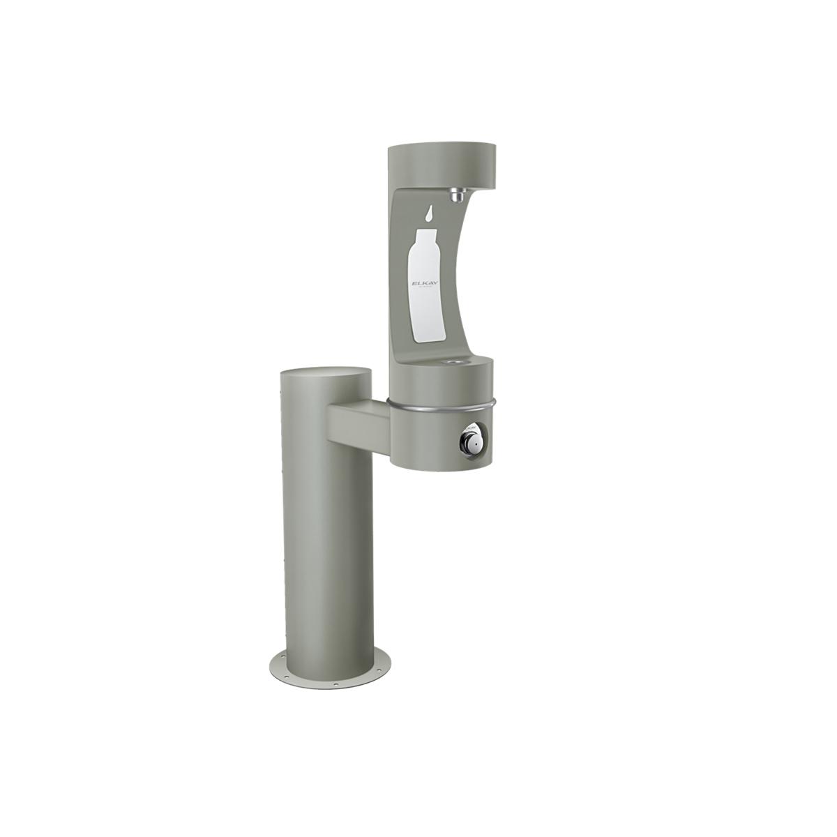 Gray outdoor pedestal water bottle filling station with single upper spout and control valve.