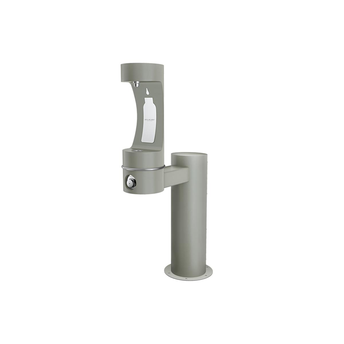 Gray outdoor bottle filling station with single pedestal base and upper spout for refilling water bottles.