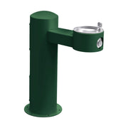 Green outdoor pedestal drinking fountain with single drinking bowl and metal spout on extended arm.