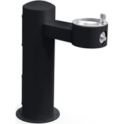 Black pedestal drinking fountain with single stainless steel bowl and chrome drinking spout on side arm.