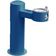 Blue pedestal drinking fountain with silver basin and spout mounted on single post with ground base plate.