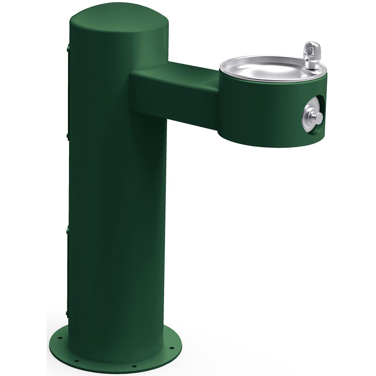 Green pedestal fountain with stainless steel drinking bowl and chrome spout mounted on vertical post.