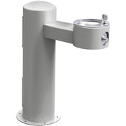 Gray pedestal water fountain with single drinking bowl and chrome push button valve mounted on extended arm.