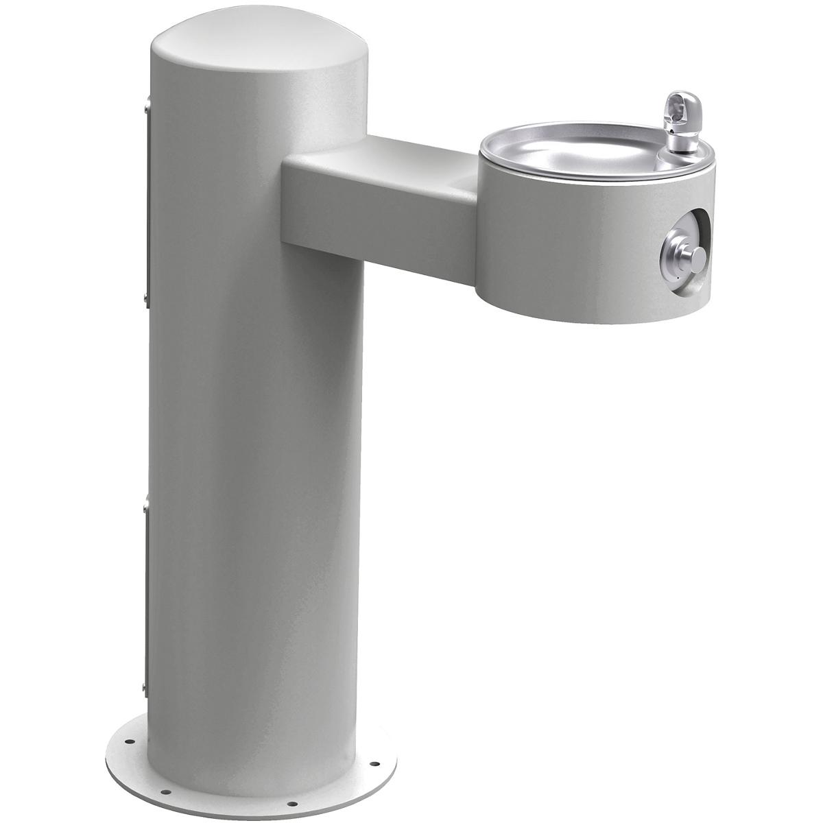 Gray pedestal water fountain with single drinking bowl and chrome push button valve mounted on extended arm.