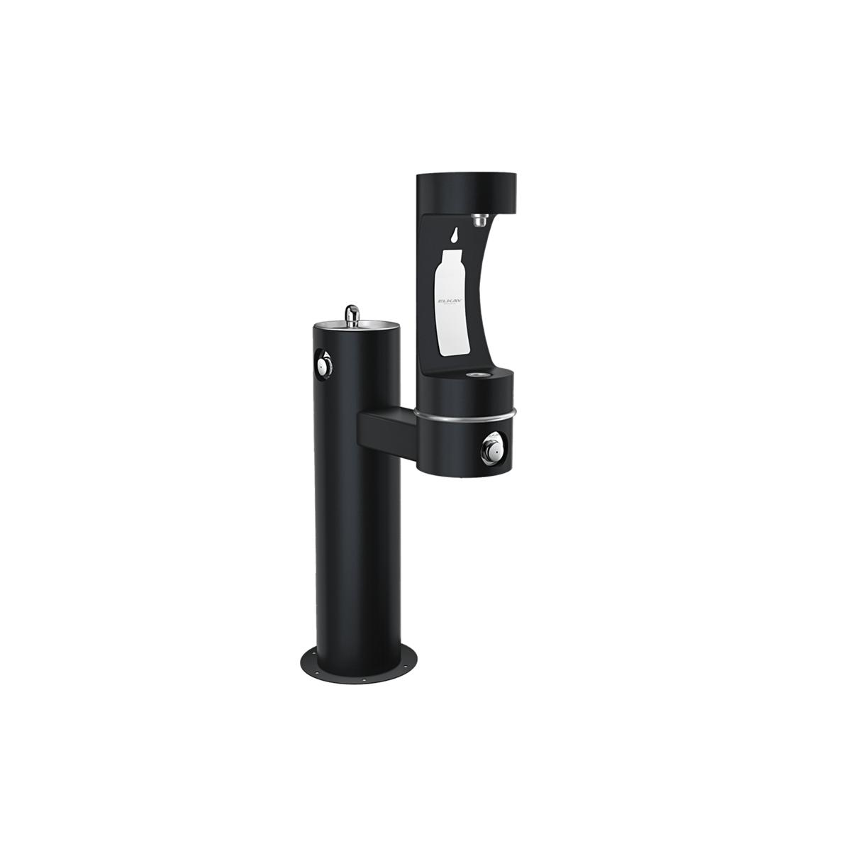 Black pedestal water fountain with two filling spouts at different heights for bottle refilling.