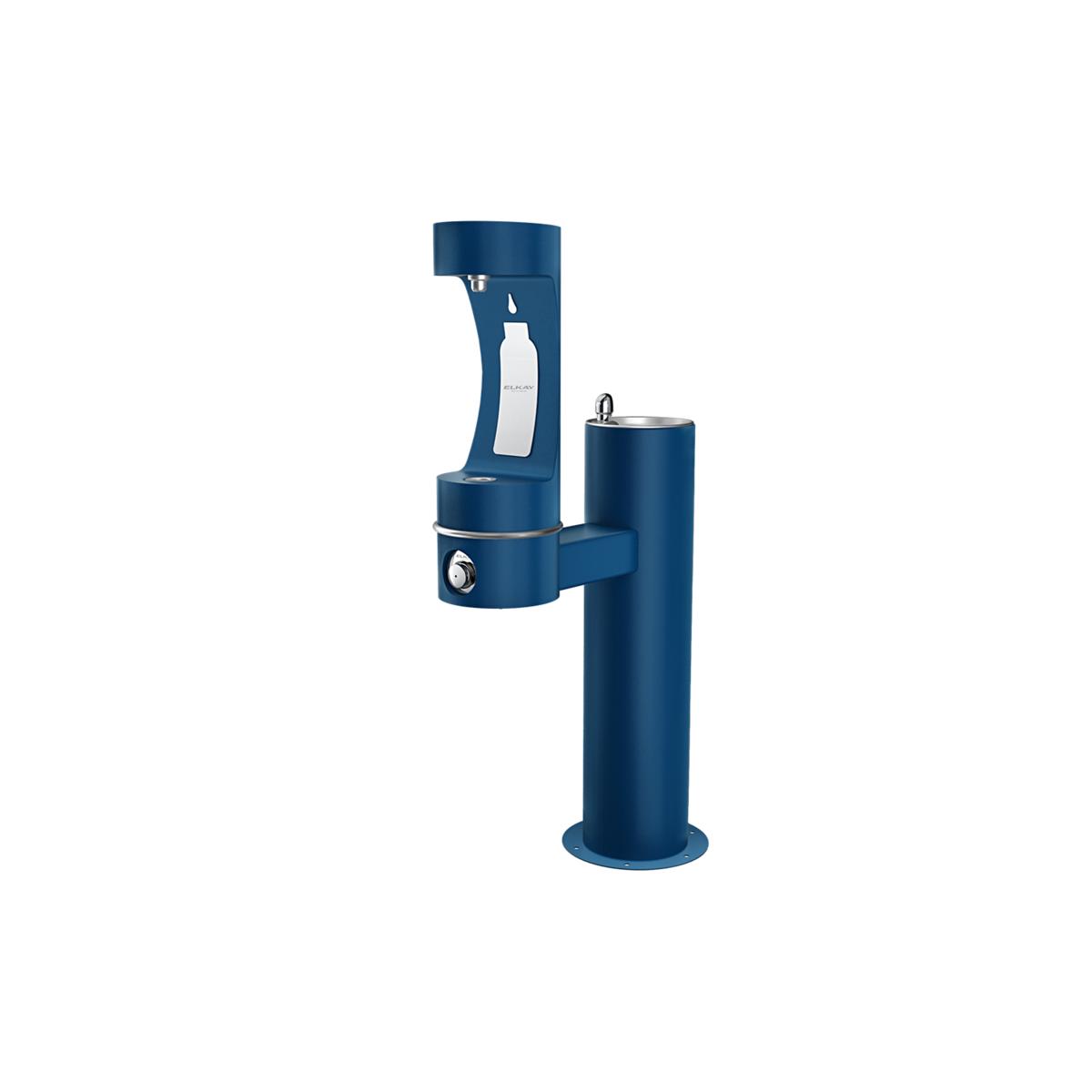 Blue pedestal water bottle filling station with two spouts at different heights and a foot pedal.