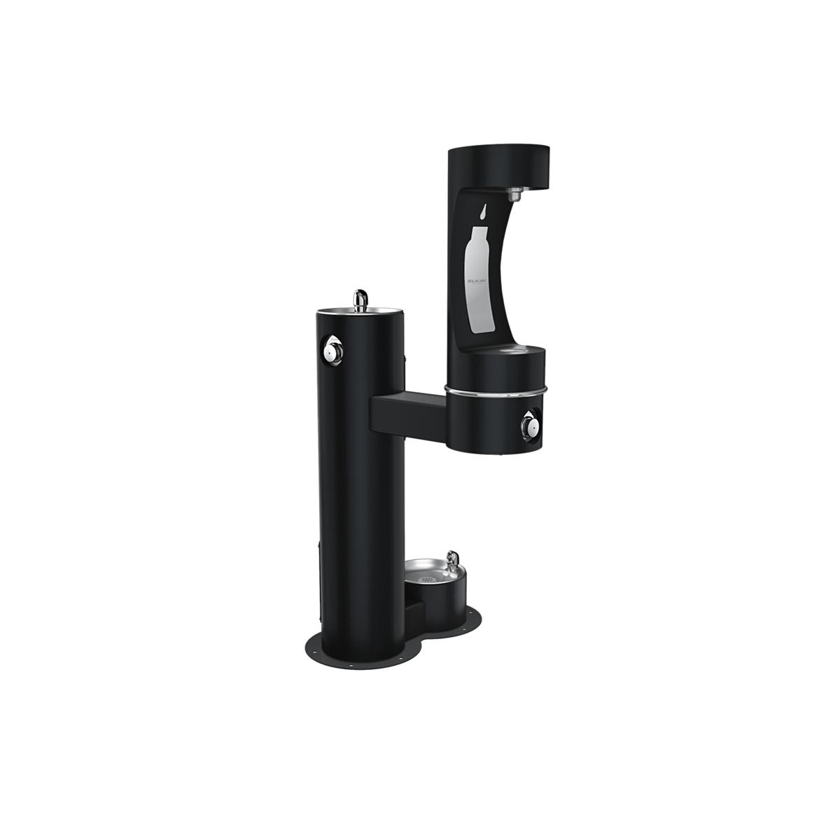 Black outdoor pedestal water fountain with two dispensing levels and pet bowl station at base.