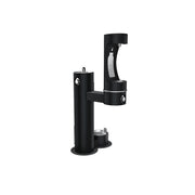 Black outdoor pedestal water fountain with two dispensing levels and pet bowl station at base.