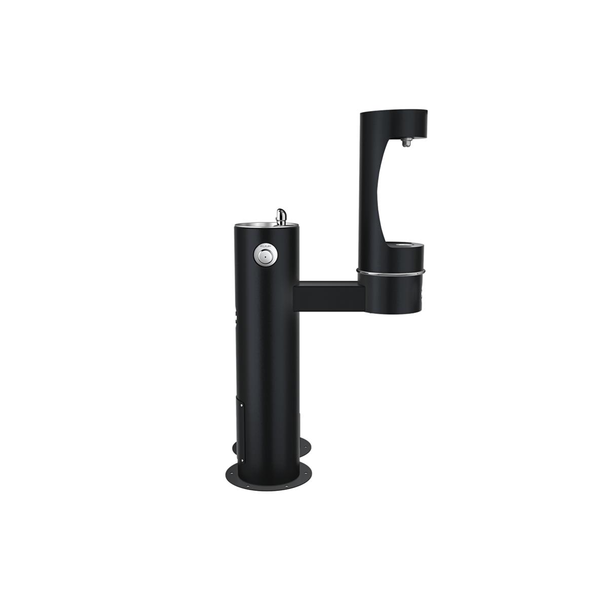 Black pedestal water fountain with two-level dispensers and pet bowl station.