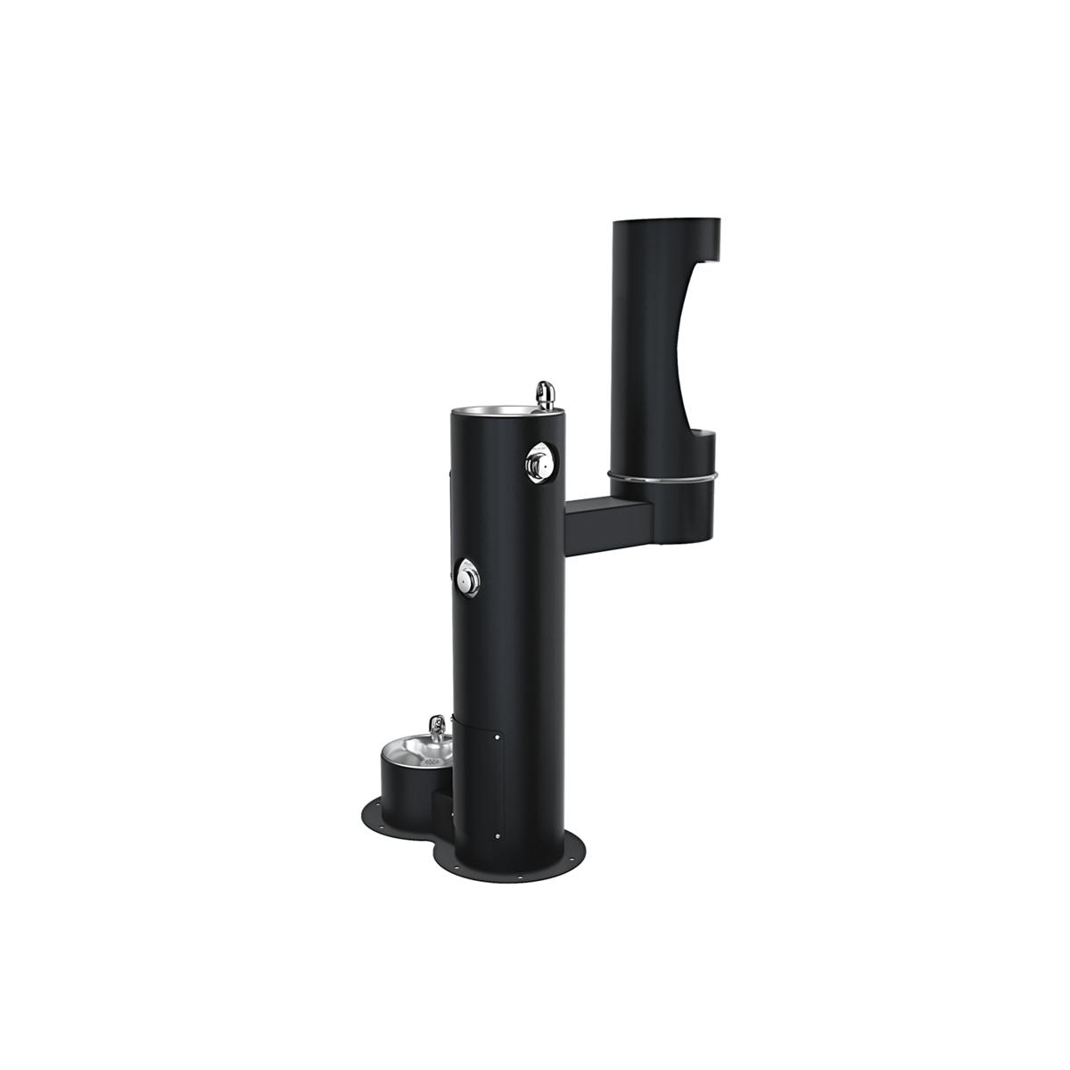 Black pedestal water fountain with upper human drinking station and lower pet bowl station.