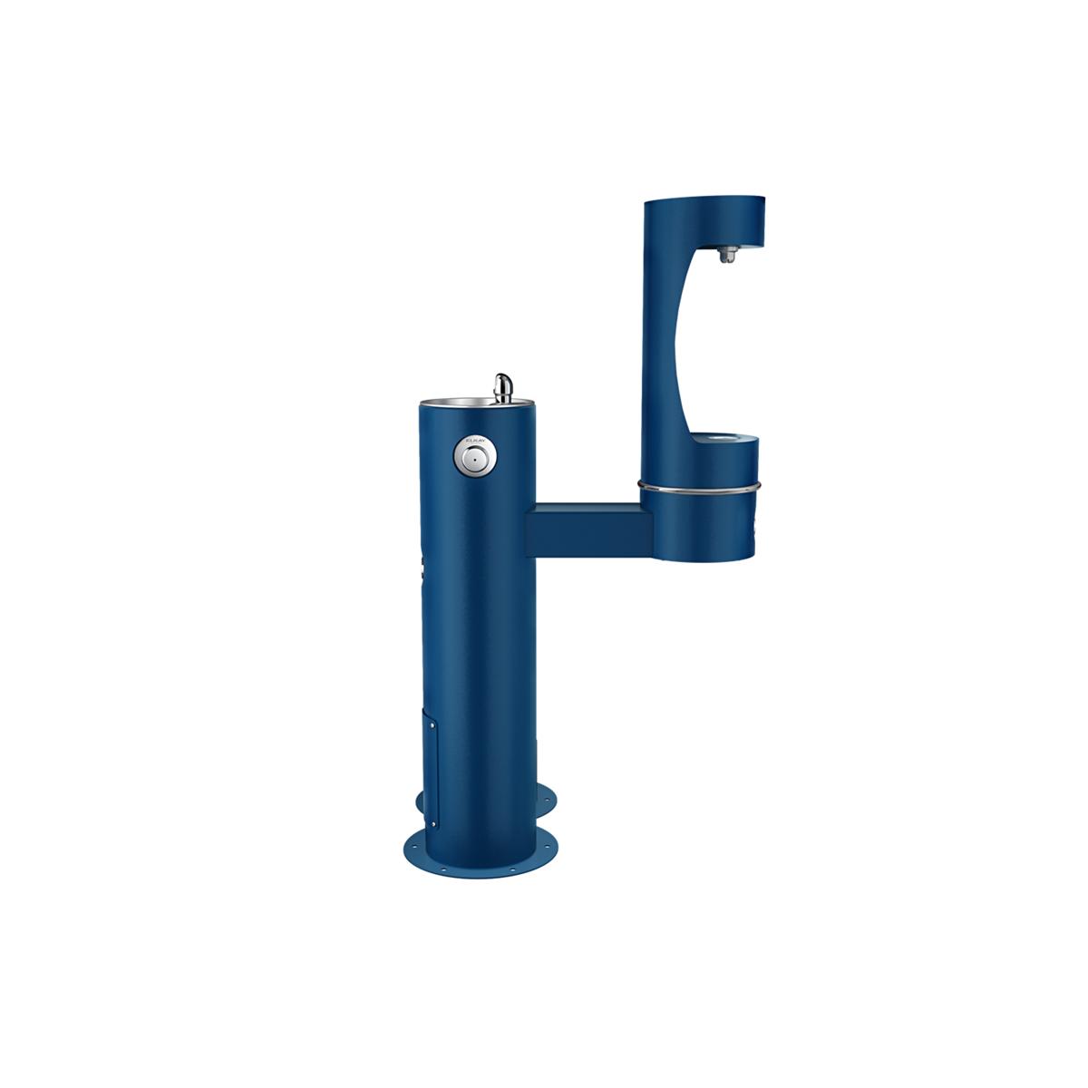 Blue pedestal water fountain with two spouts at different heights and a pet bowl station on the lower level.
