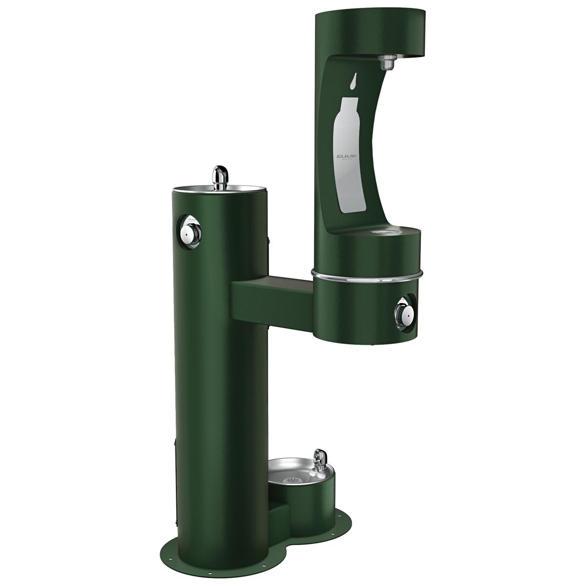 Green pedestal water fountain with two bottle filling stations and lower pet bowl station.
