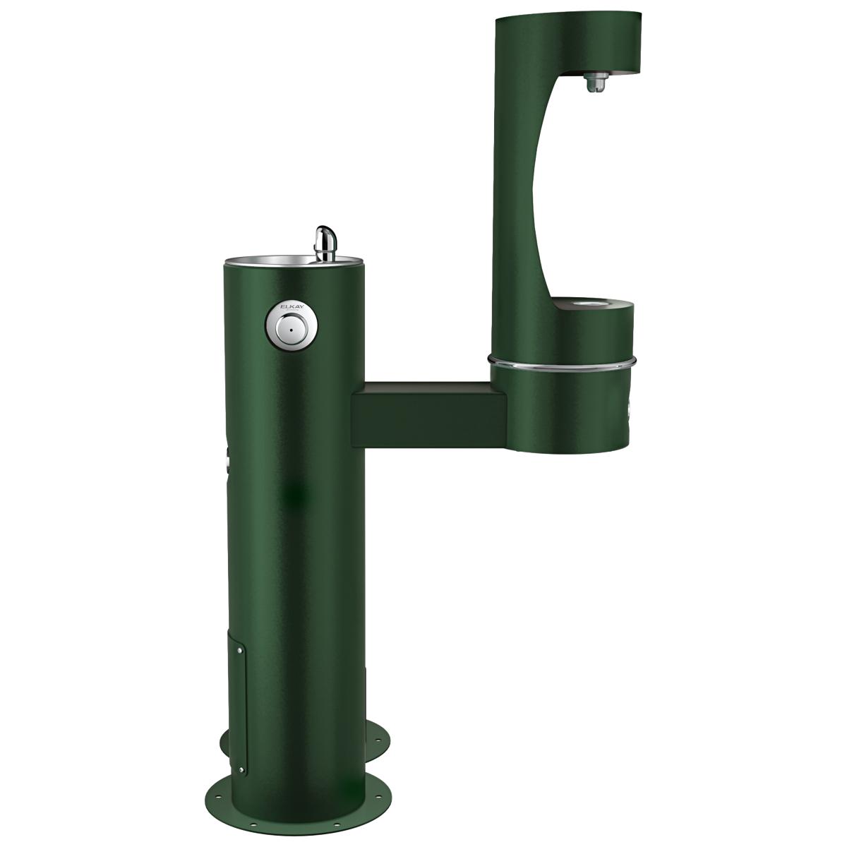 Green pedestal water fountain with dual height stations: upper spout for bottles and lower bowl for pets.