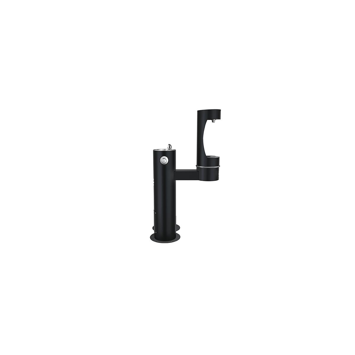 Black pedestal water fountain with dual-height dispensers for bottle filling and pet water access.