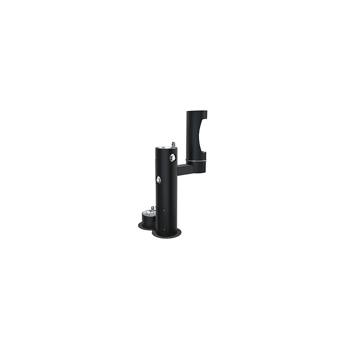 Black pedestal water fountain with upper bottle filling spout and lower pet drinking station.