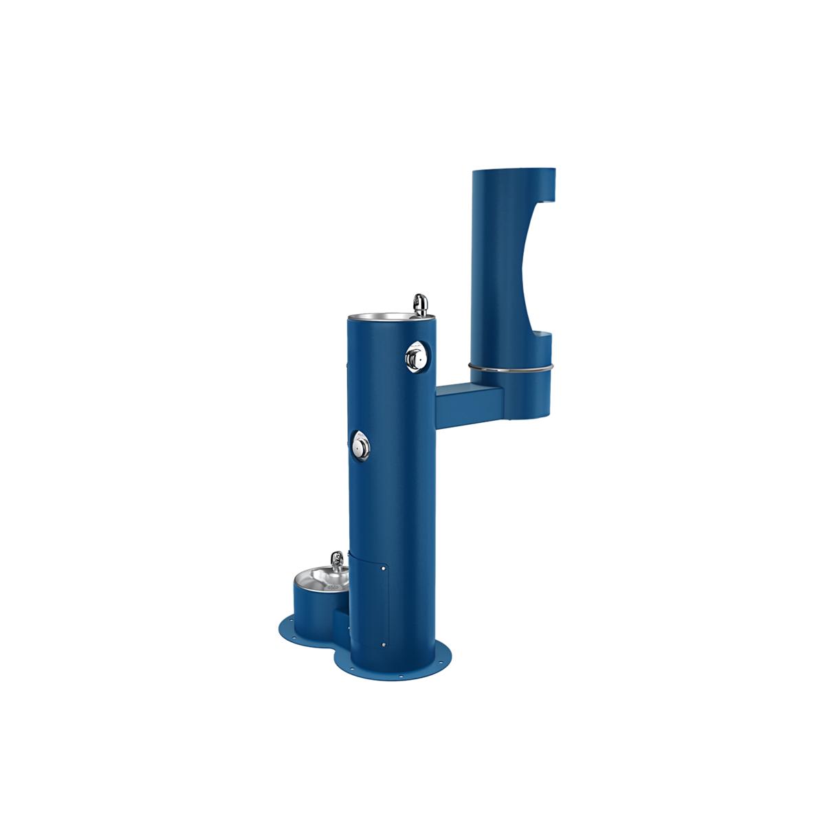 Blue pedestal water fountain with two filling stations at different heights and a lower pet bowl station.