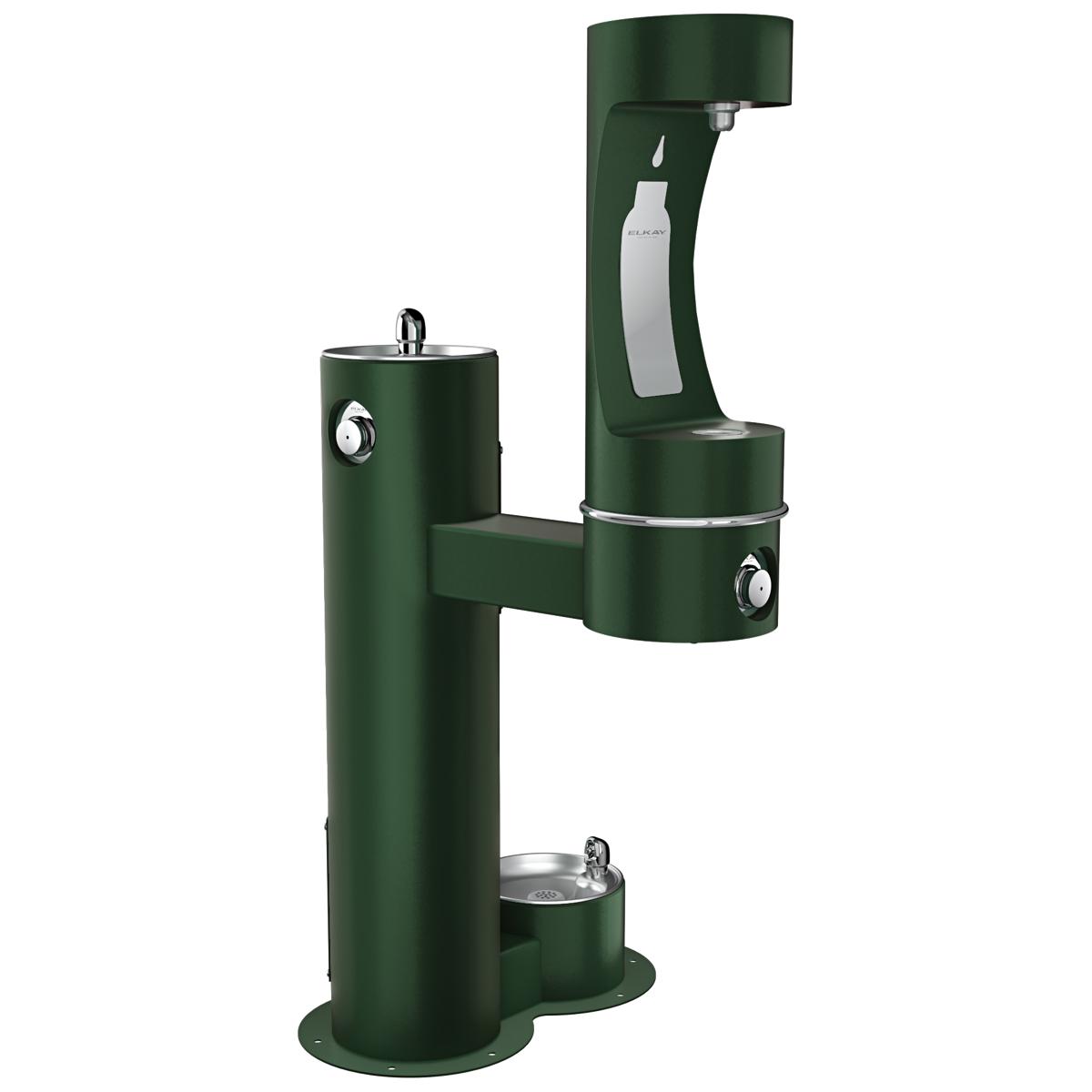 Evergreen pedestal water fountain with dual drinking stations and lower pet bowl station, featuring foot pedal dispensers.