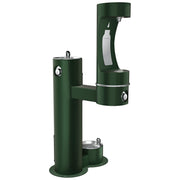 Evergreen pedestal water fountain with dual drinking stations and lower pet bowl station, featuring foot pedal dispensers.