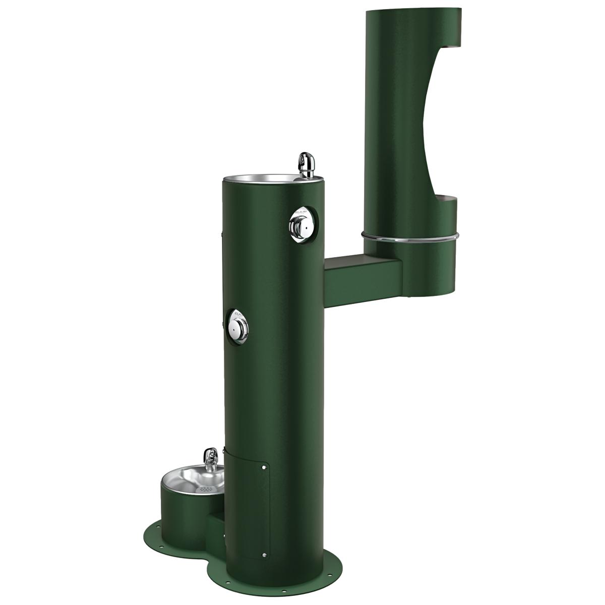 Evergreen pedestal water fountain with two drinking stations and lower pet bowl, featuring stainless steel basins and foot pe