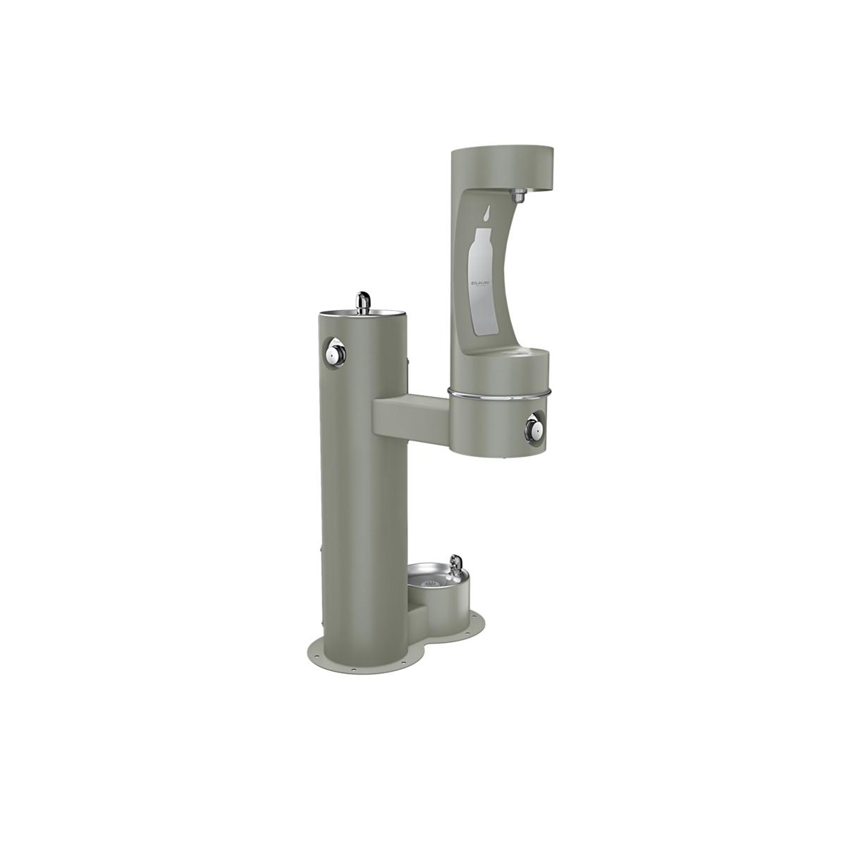 Gray pedestal water filling station with upper bottle filler and lower pet bowl station.