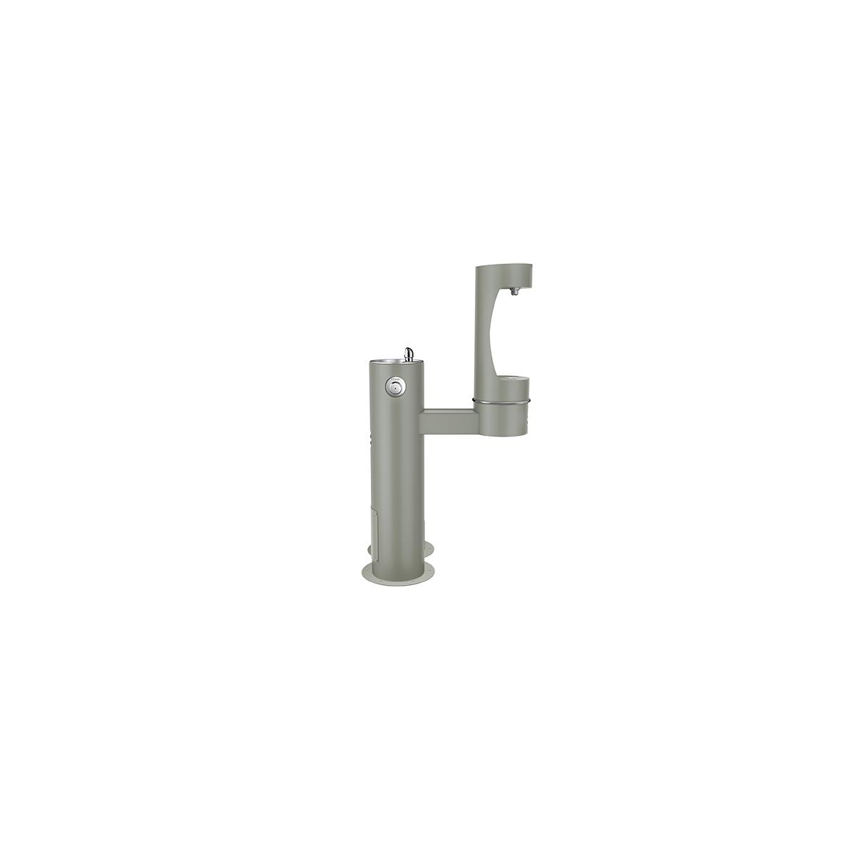Gray pedestal water fountain with two spouts at different heights for human and pet use.