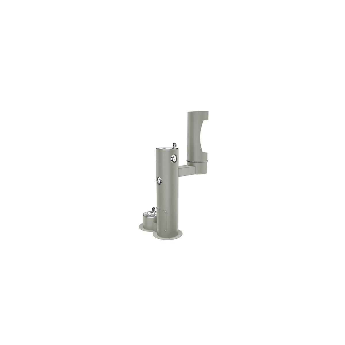 Gray pedestal water fountain with two spouts at different heights and a pet bowl basin at the base.