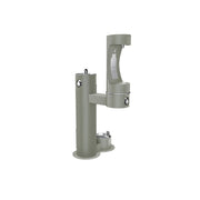 Gray pedestal water fountain with upper bottle filler spout and lower pet bowl station.