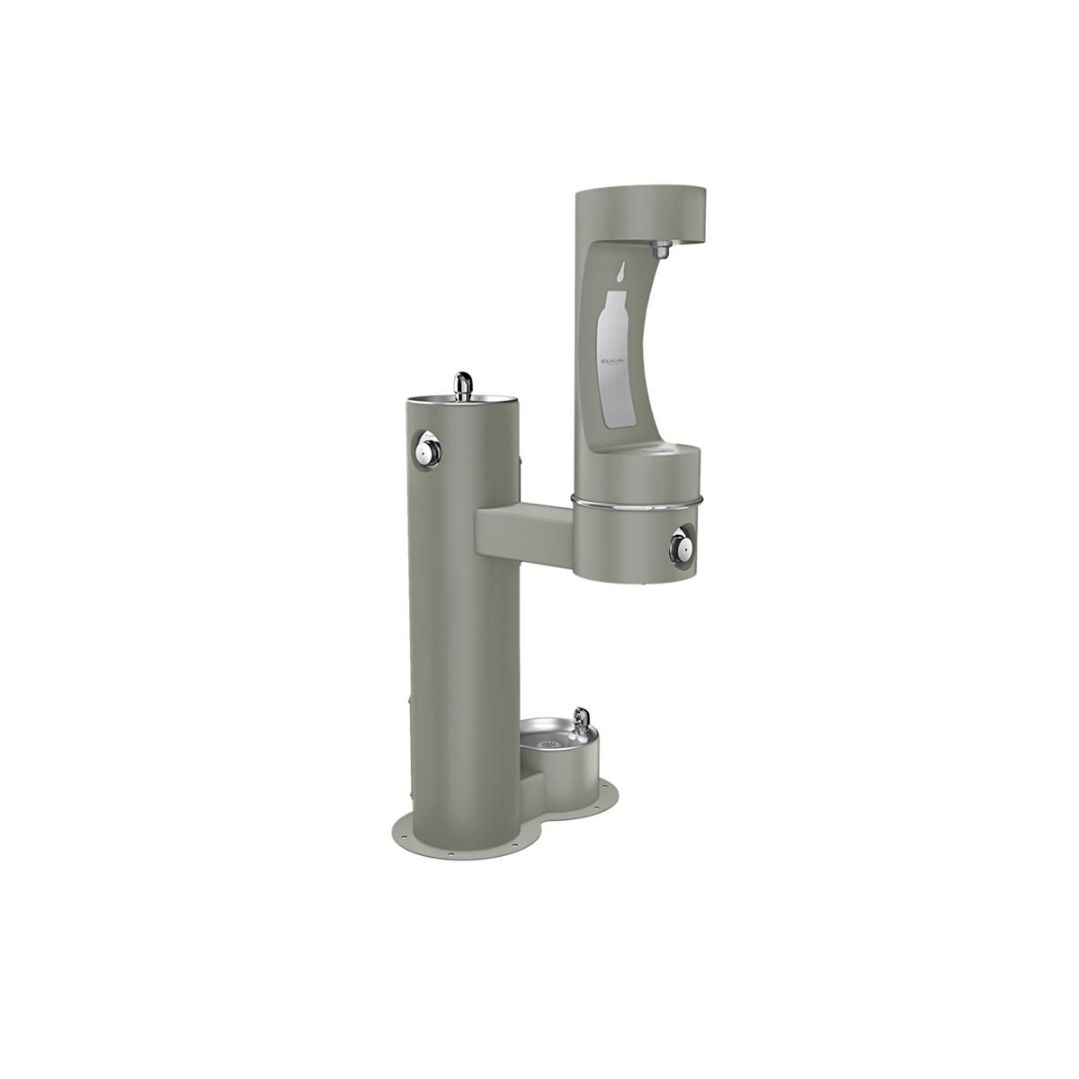 Gray pedestal water fountain with upper bottle filler spout and lower pet bowl station.