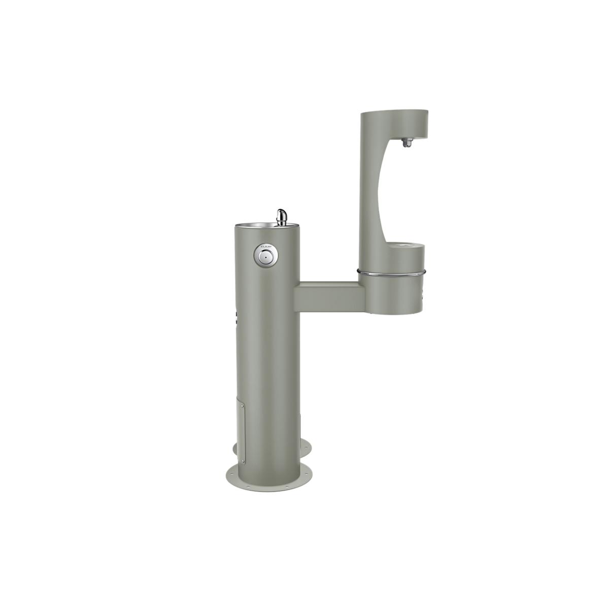Gray pedestal water fountain with two-tier spouts for human and pet drinking stations.