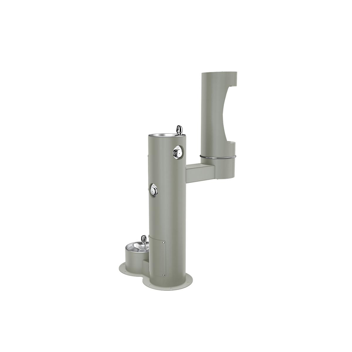 Gray pedestal water fountain with upper bottle filling station, lower pet bowl station, and foot pedal controls.
