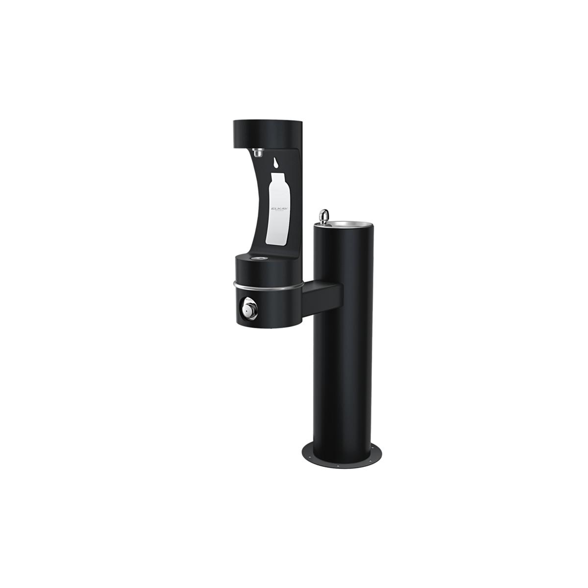 Black pedestal water bottle filling station with two dispensing levels and foot pedal activation.