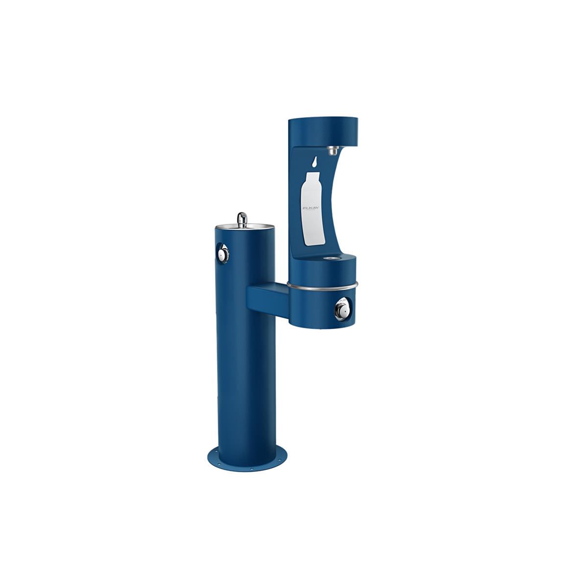 Blue pedestal water fountain with two filling stations at different heights and bottle filler opening.