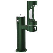 Green pedestal water fountain with two drinking stations at different heights and bottle filling spout, featuring push-button