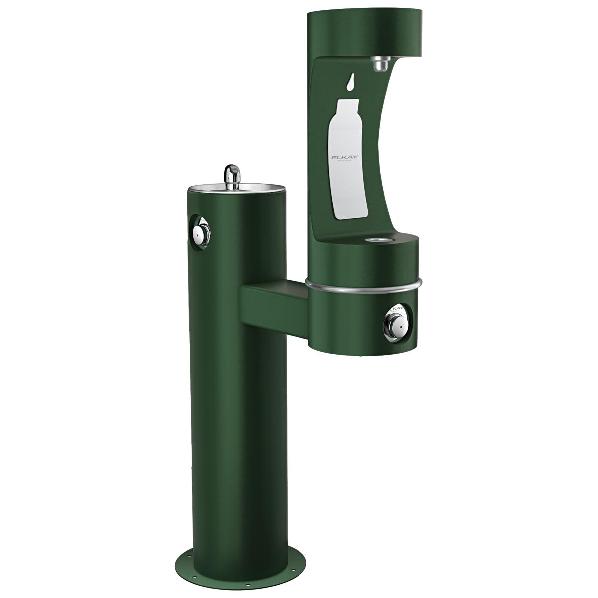 Green pedestal water fountain with two drinking stations at different heights and bottle filling spout, featuring push-button
