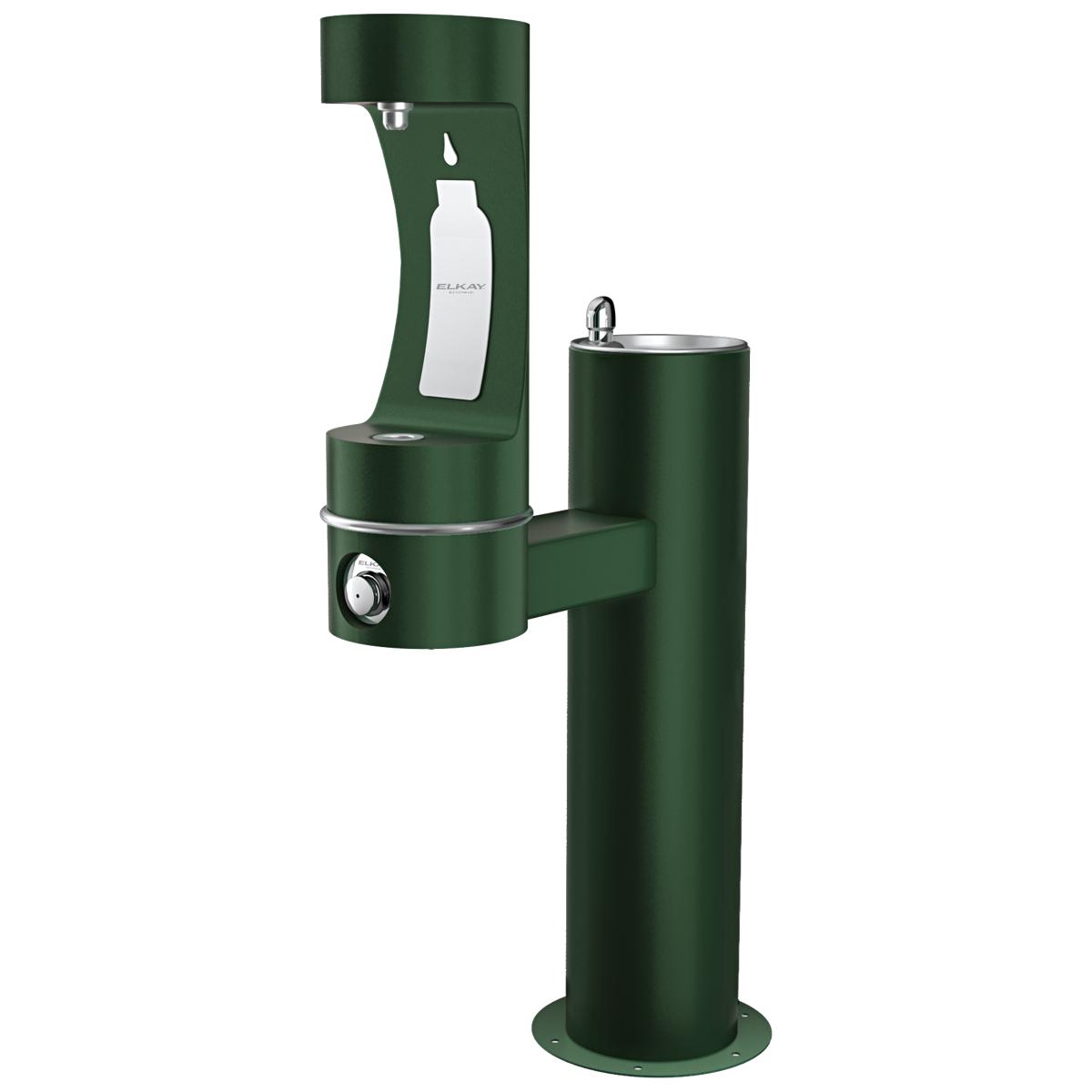 Green pedestal water bottle filling station with two levels, featuring upper spout and lower bowl basin with foot pedal contr
