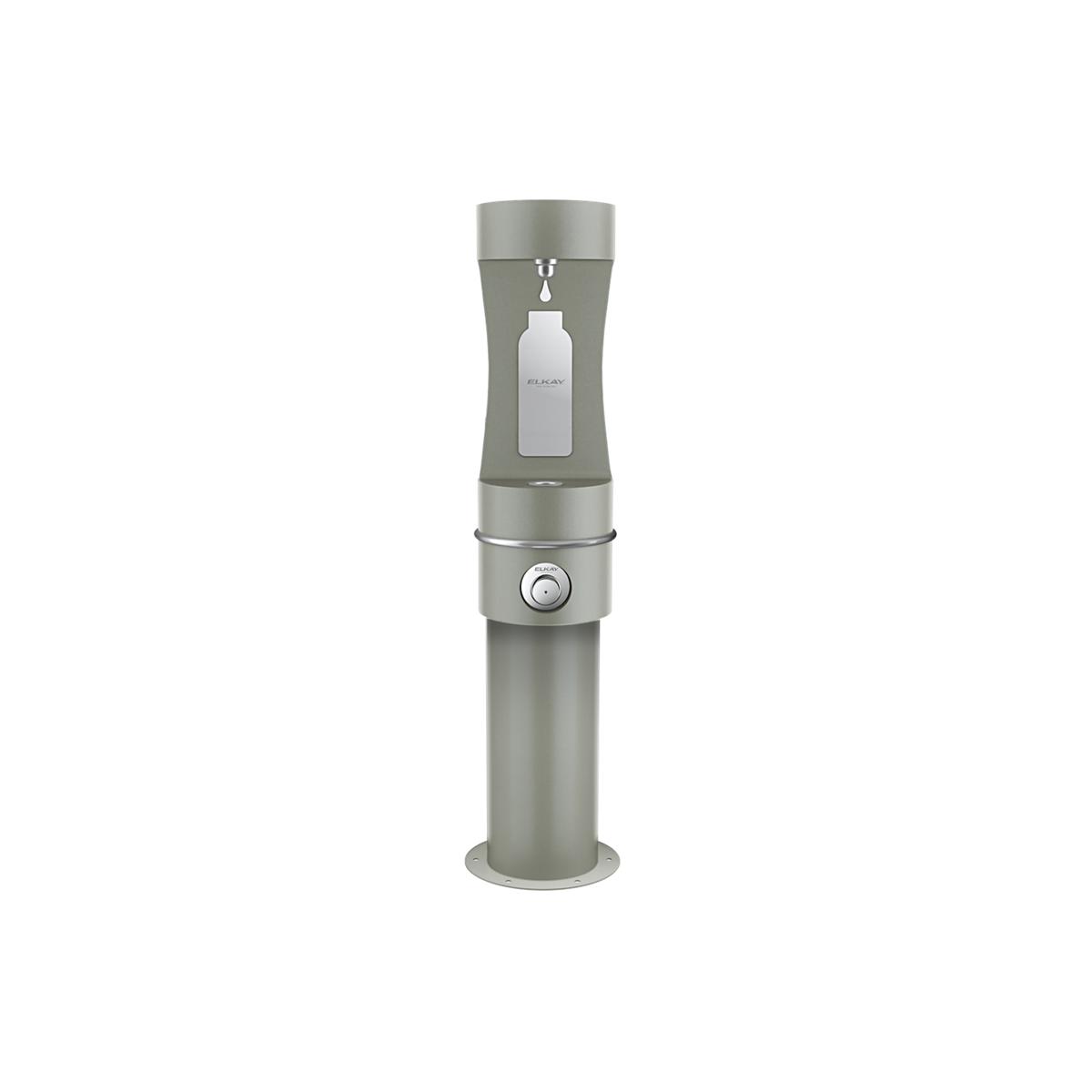 Gray pedestal water bottle filling station with two dispensing levels and foot pedal control.