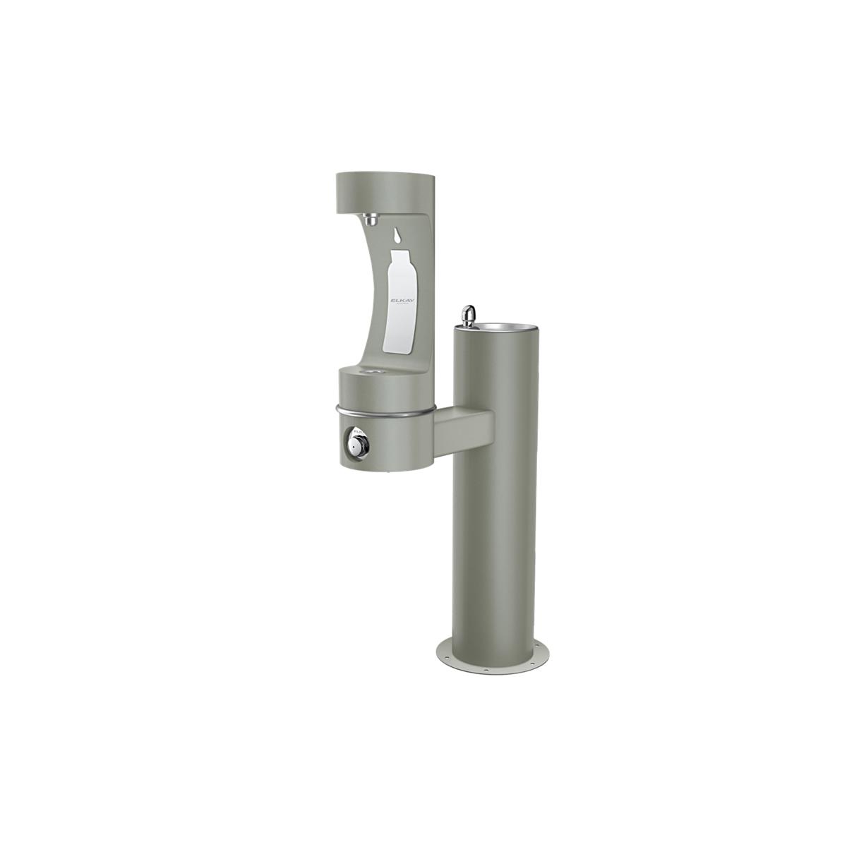 Gray pedestal water filling station with two levels and bottle filler spout on upper section.