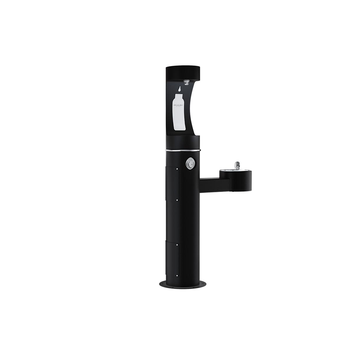Black pedestal water bottle filling station with upper and lower spouts and bottle outline graphic on front.