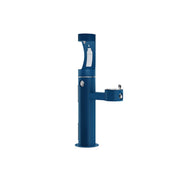 Blue pedestal water filling station with upper bottle filler and lower drinking fountain spout.