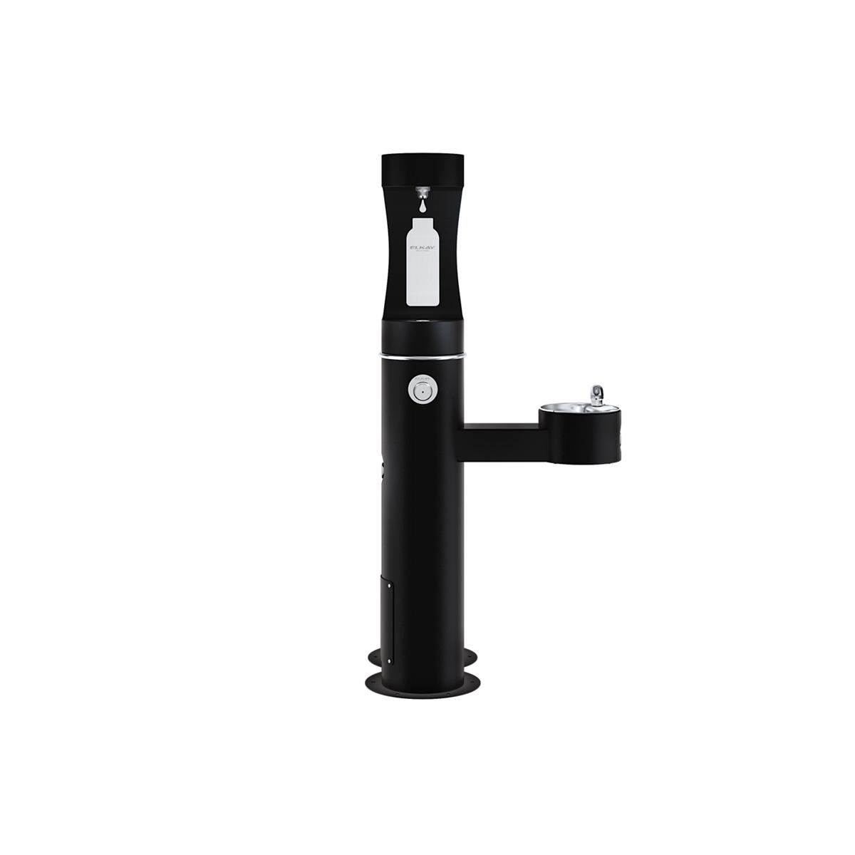 Black pedestal water fountain with upper bottle filling station and lower pet drinking bowl attachment.