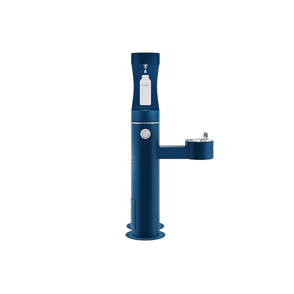 Blue pedestal water fountain with upper bottle filling station and lower pet drinking bowl station.