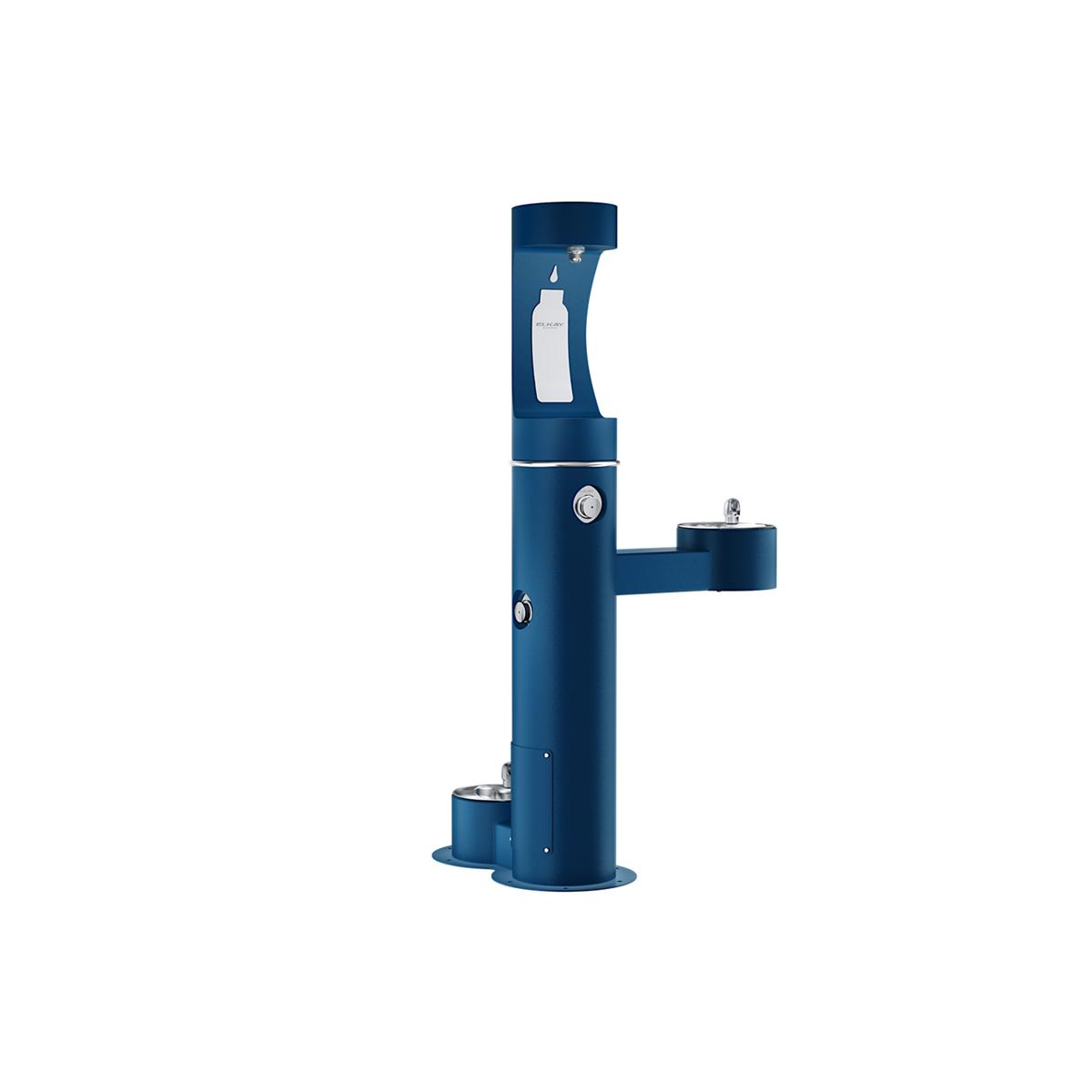 Blue pedestal water fountain with upper bottle filling station and side-mounted pet water bowl.