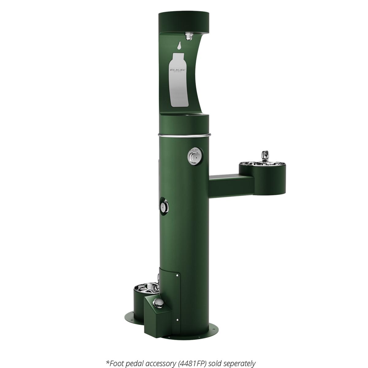 Evergreen pedestal water station with upper bottle filling station, middle fountain spout, and lower pet drinking bowl.
