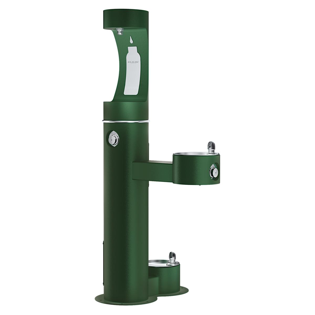 Green pedestal water fountain with upper bottle filling station, middle pet bowl, and lower basin with multiple drinking stat