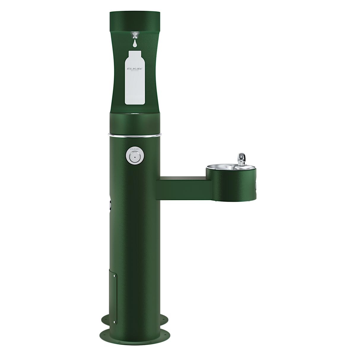Evergreen pedestal water fountain with upper bottle filling station and lower pet drinking bowl with foot pedal activation.