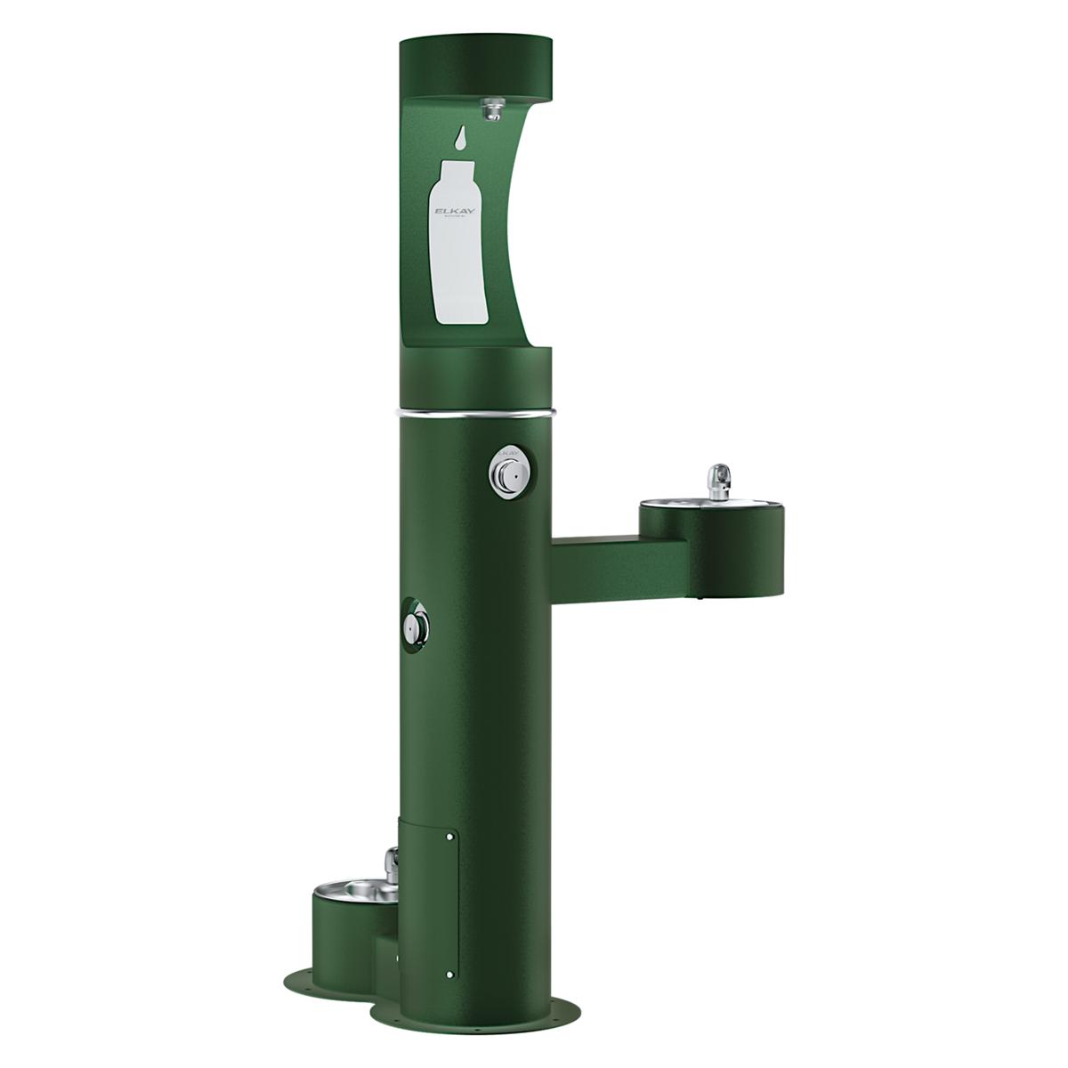Green pedestal water fountain with upper bottle filling station, middle human drinking spout, and lower pet water bowl.