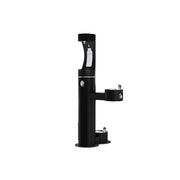 Black pedestal water fountain with upper bottle filling station, mid-level spout, and lower pet bowl station.