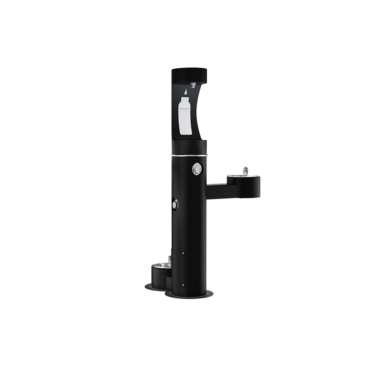 Black pedestal water station with upper bottle filling spout, middle pet drinking bowl, and lower basin.